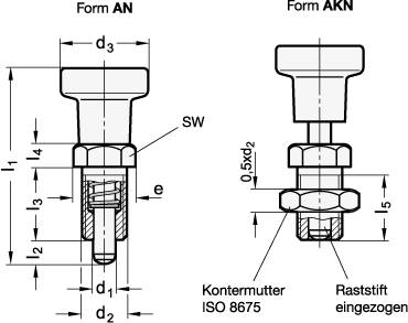 Rastbolzen Ø 6, M12x1,5, Form AKN, mit Kontermutter, mit Ede