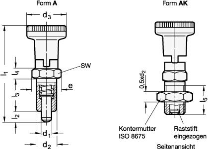 Rastbolzen 5, M10x1, mit Rastsperre, Form AK - mit Kontermut
