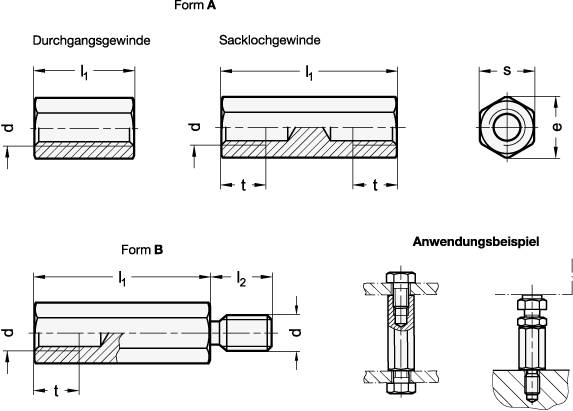 Abstandshalter M8 x 30 mm, Form B - Innengewinde und Gewinde