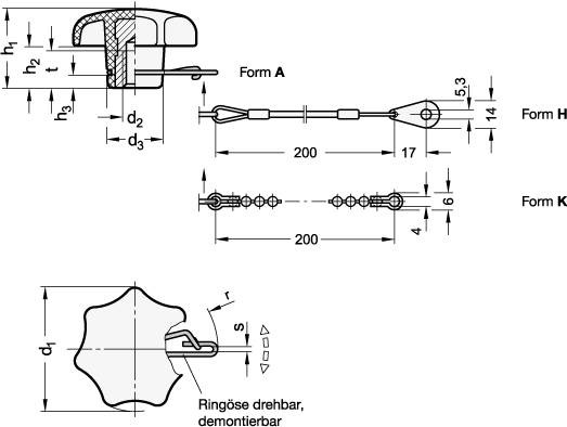 Sterngriff Ø 32, M6, Form H - mit Halteseil, Thermoplast