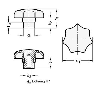 Sterngriff 63, M10, Form E - mit vorstehender Stahlbuchse,T