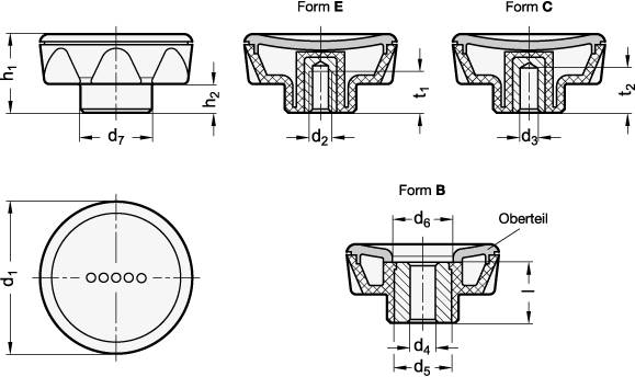 Sterngriffe 45, M8, Form E mit Gewindesackloch, grün