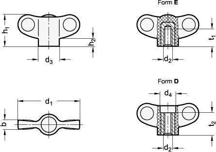 Flügelmutter 40, M8, Form D - mit Gewinde-Durchloch, kleine