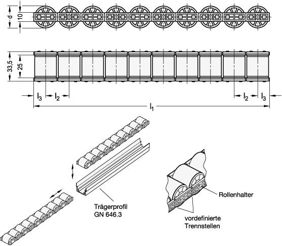 Rollenleiste für Rollschienen 270 x 27, Polyamid