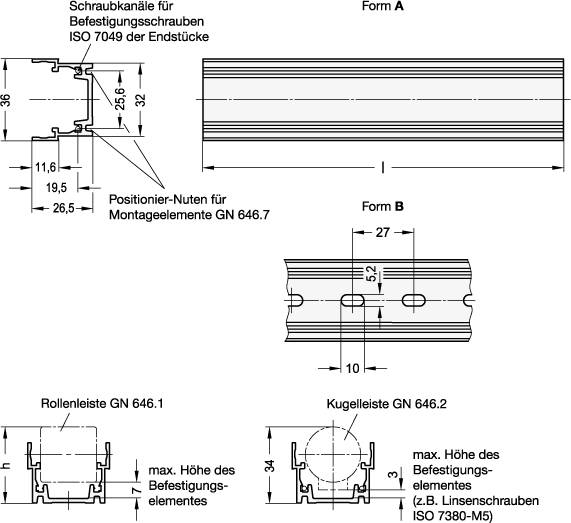 Trägerprofil 1080 mm, Form A - ohne Befestigungsbohrungen, A
