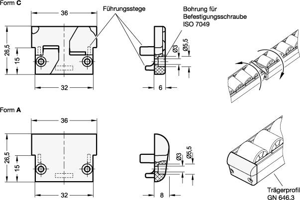 Endstücke für Trägerrollen, Verbinder