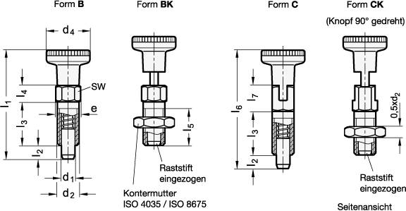 Rastbolzen Ø 5, M8, Form CK - mit Rastsperre, mit Kontermutt