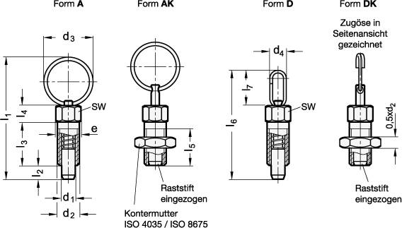 Rastbolzen Ø 8, M12, Form AK, mit Zugring, mit Kontermutter,