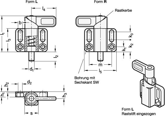 Federriegel Ø 8 mm, s=20, rechts, schwarz