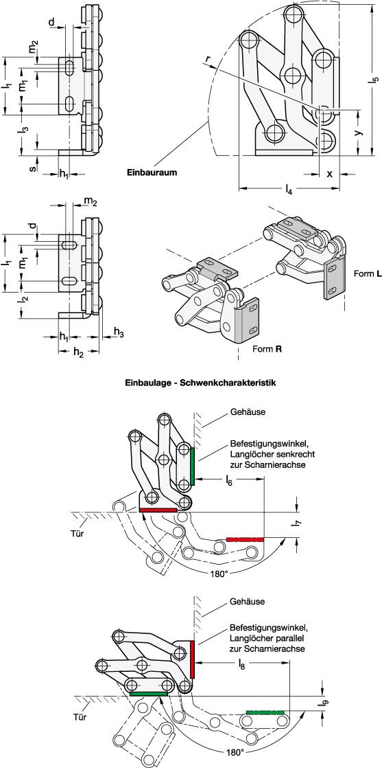 Edelstahl-Mehrgelenkscharniere 50 mm innenliegend, 180°, For