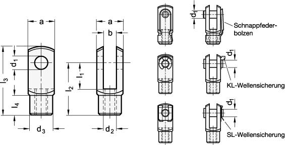Gabelkopf 4 x 8 lang, M4, Form B mit Schnappfeder-Bolzen, D