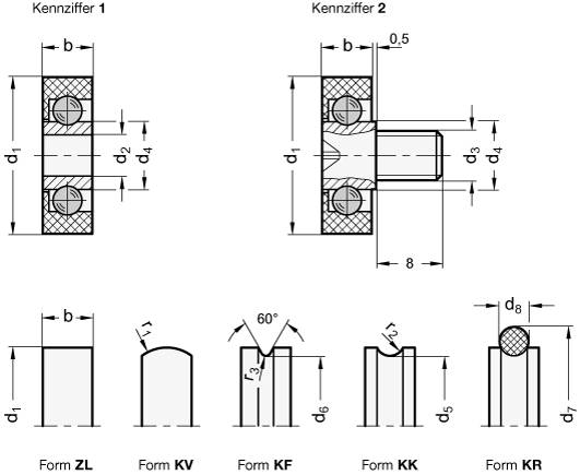 Laufrolle 19, B6, Form ZL -zylindrisch, Kennziffer 1 - mit