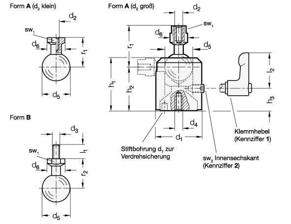 Kugelgelenk 49, M10 Form B - mit Außengewinde, 1 - Klemmung