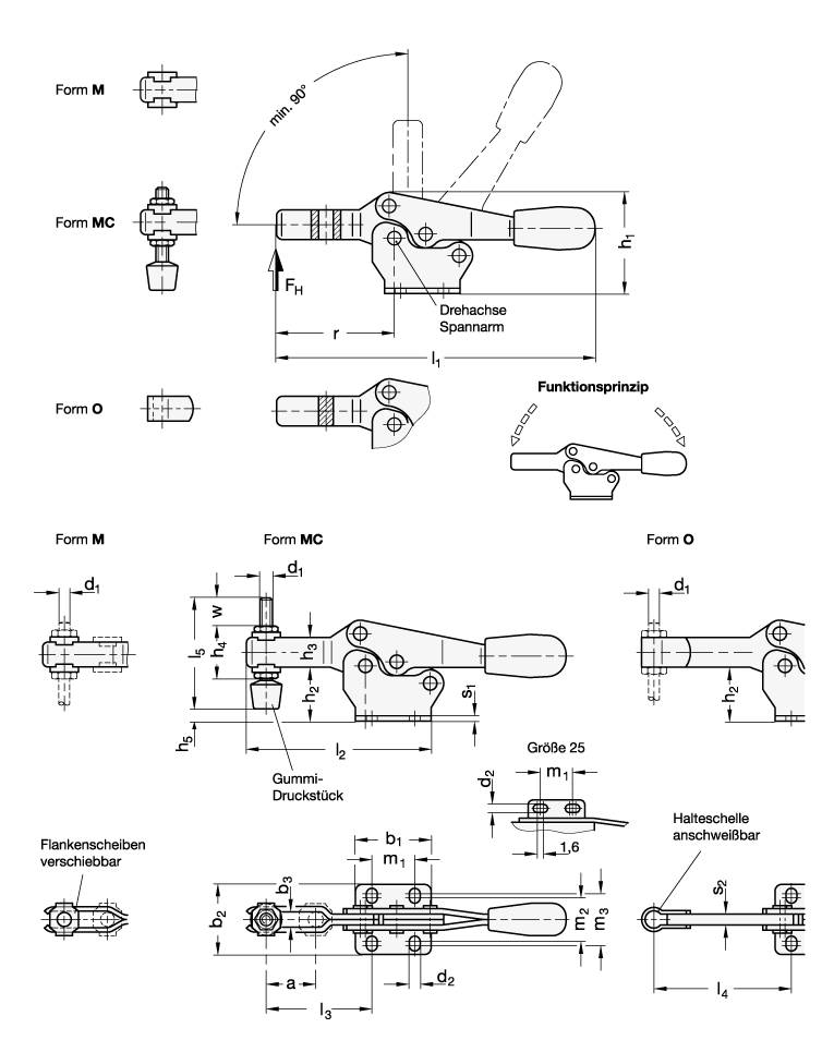 Horizontalspanner 25 mit waagerechtem Fuss, Form M - offener