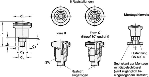 Miniraster Ø 7 mm, M10x1, Form B - ohne Rastsperre, Edelstah