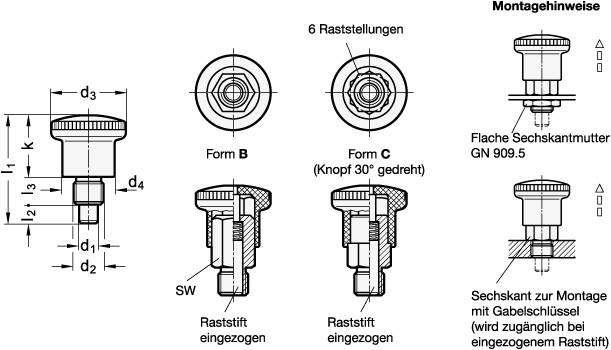 Miniraster 4, M8, mit Rastsperre, mit Kunststoff-Knopf, Edel