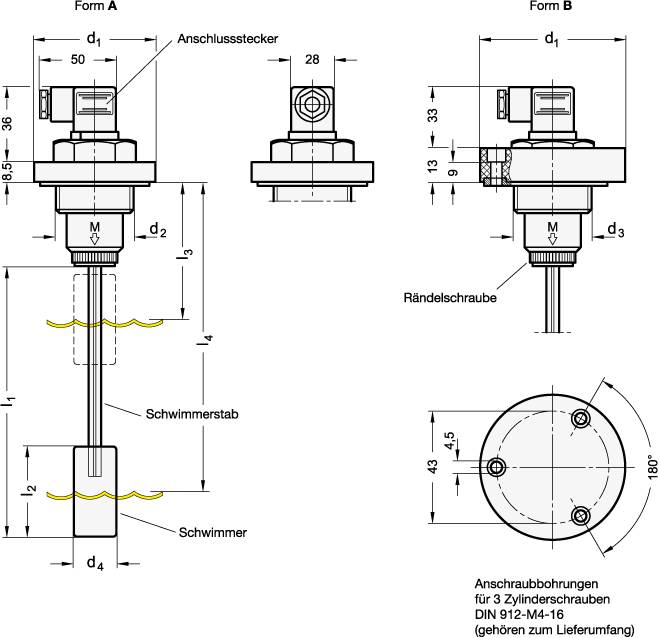 Schwimmerschalter 45 x 235, Form A - mit Gewinde, für Füllst