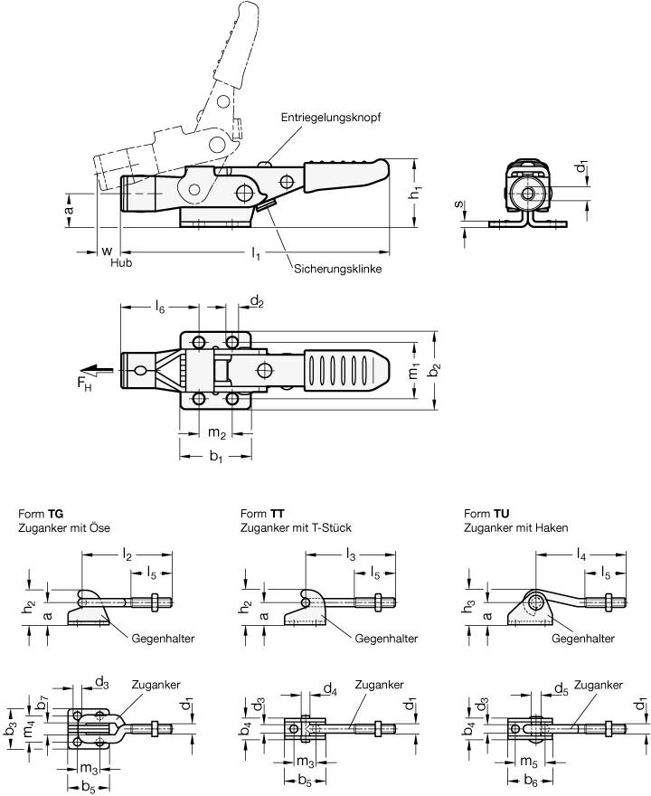 Verschluss-Spanner Gr.160, Form TU - mit Zuganker, mit Gegen