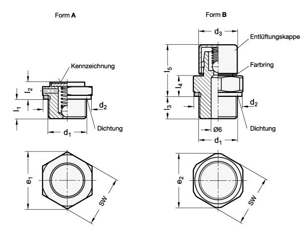 Entlüftungsschraube G3/8, Form B - hohe Bauform, mit Edelsta