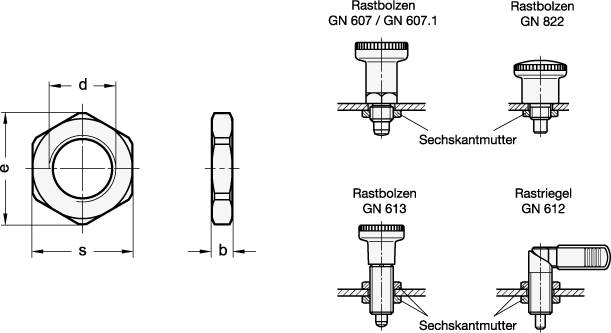 Flache Sechskantmutter M8 x 1, Stahl, brüniert