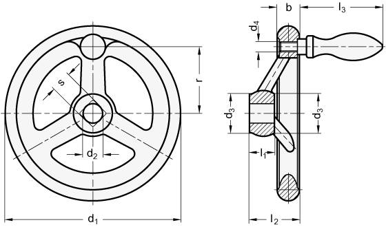 Handrad Ø 180 mm, 16H7 ohne Nabennut, Form D - mit drehbarem