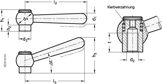 Kegelgriff Ø 10, M8, Form N - Griff schräg, Stahl brüniert