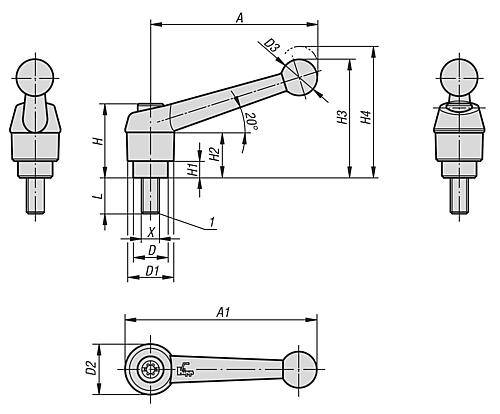 Klemmhebel 110, M12 x 80 mit Außengewinde, Zinkdruckguss, sc