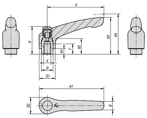 Klemmhebel Edelstahl 65 mm, mit Schutzkappe M8 mit Innengewi