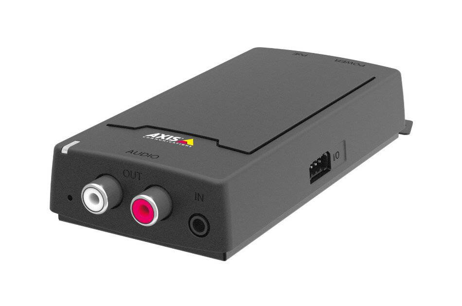 Schwarzes Axis-Audiogerät mit RCA-Ausgangs- und Eingangsbuchsen an der Vorderseite und einem Seitenverbinder, dargestellt auf weißem Hintergrund.