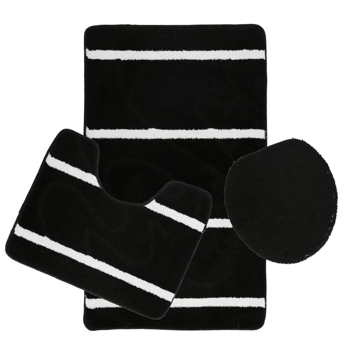 3-Teilig Bad Garnitur Badematte Badvorleger Wasser absobierend Kleine Streifenmuster rutschfest Schwarz