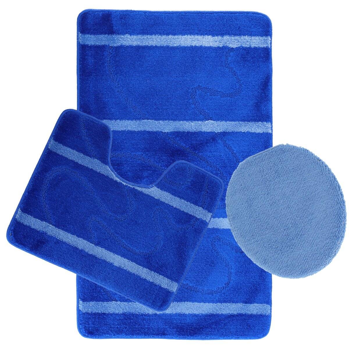 3-Teilig Bad Garnitur Badematte Badvorleger Wasser absobierend Kleine Streifenmuster rutschfest Blau
