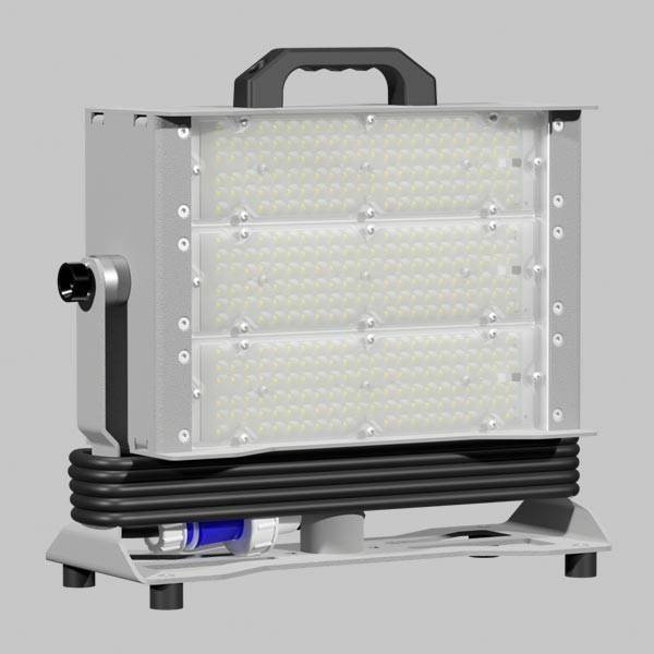 Eine rechteckige, tragbare LED-Arbeitsleuchte mit Griff und Belüftung am Fuß, konzipiert für Außen- oder Baustellenbeleuchtung.