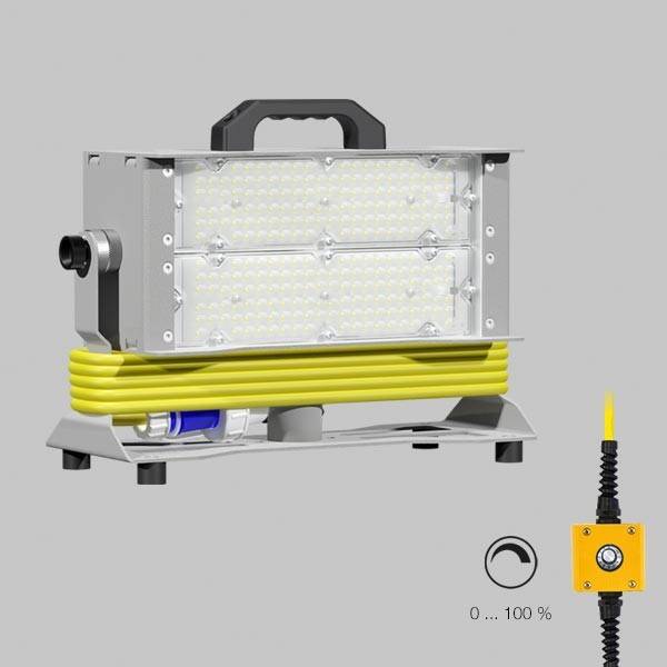 Tragbare LED-Arbeitsleuchte mit Griff und gelbem Netzkabel, zusammen mit einer kleinen gelben Steuerbox mit einem Drehregler von 0 bis 100%.