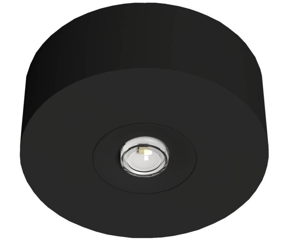 Eine runde, schwarze eingelassene Deckenleuchte mit einer zentralen LED-Lampe.