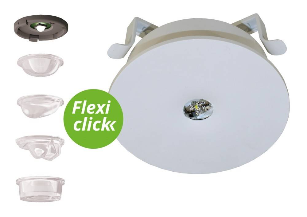Deckenleuchte mit runder Form, umgeben von verschiedenen abnehmbaren Abdeckungen, mit dem Text 'Flexi click' in einem grünen Kreis auf der linken Seite.