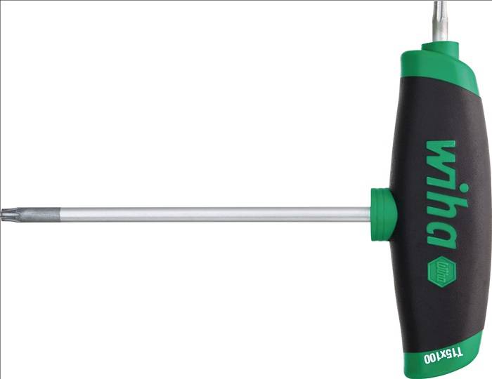 Ein schwarzer und grüner Schraubendreher mit einem breiten Griff, der horizontal positioniert ist. Die Spitze zeigt nach links, während der Griff teilweise sichtbar ist.