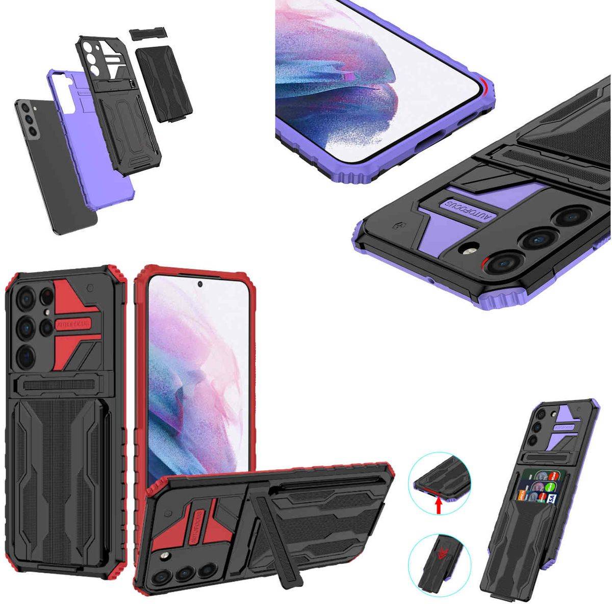 Für Samsung Galaxy S23 Ultra Shockproof Armor Hülle mit Kartenfach Rot