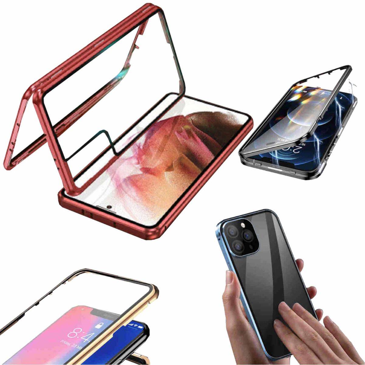 Für Samsung Galaxy S23 Plus Beidseitiger 360 Grad Magnet Glas Hülle Handy Tasche Bumper Rot