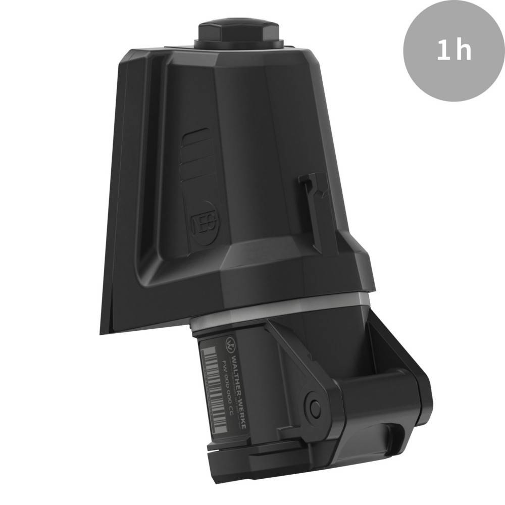 Ein schwarzes, eckiges Gerät mit einem kleinen kreisförmigen Oberteil und einem Barcode sitzt vor einem '1h'-Symbol auf einem grauen Kreis.