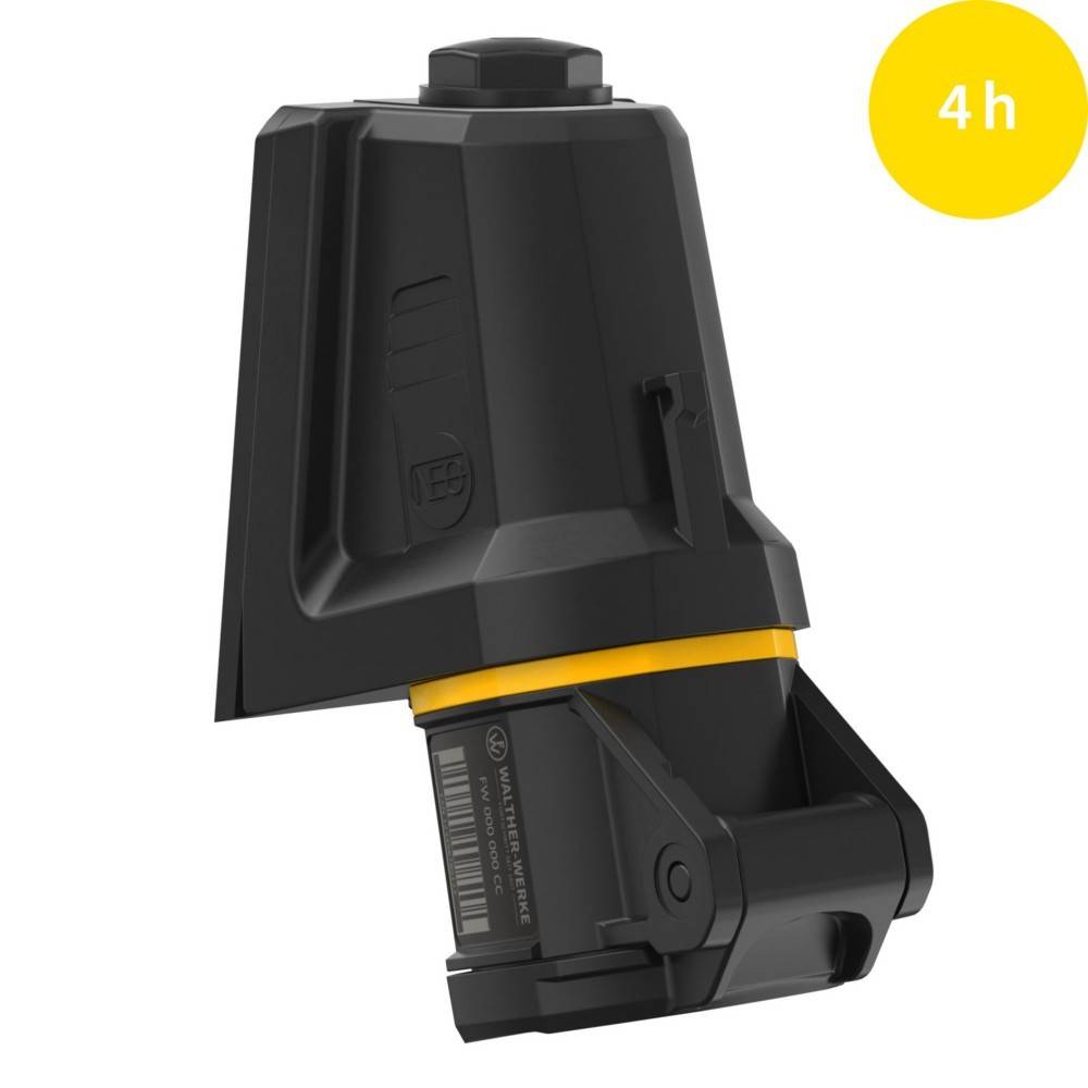 Eine schwarze, an der Wand befestigte, multifunktionale Vorrichtung mit einem gelben Indikator, der '4h' in einem gelben Kreis anzeigt, deutet auf eine Dauer von vier Stunden hin.