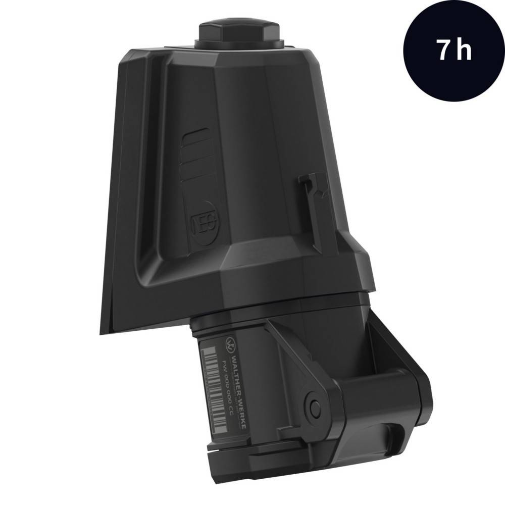 Eine schwarze elektrische Fahrradbatterie wird gezeigt, mit der Beschriftung '7h', was auf ihre Ladezeit oder Kapazität hindeutet.