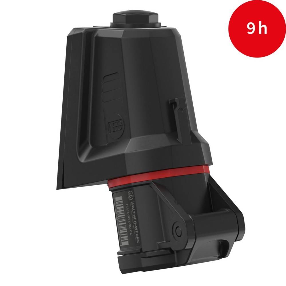 Eine schwarze und rote kabellose Werkzeugbatterie mit einem roten Kreis, der 