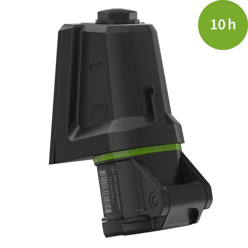 Ein schwarzes, eckiges Gerät mit einer 10-Stunden-Batterieanzeige, ausgestattet mit einem Barcode und grünen Akzenten.