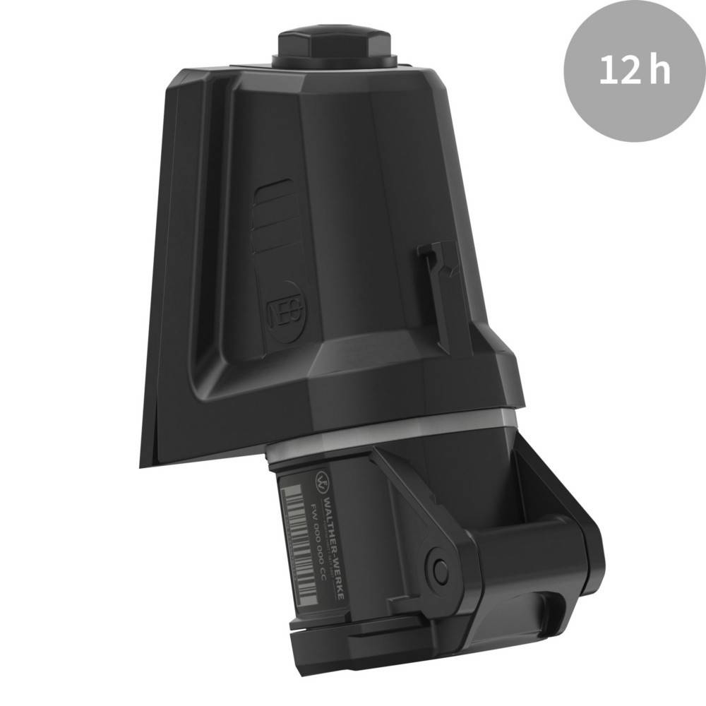 Schwarzes elektronisches Gerät mit einem Griff, dargestellt mit '12 h' in einem grauen Kreis, was auf seine Betriebs- oder Batterielaufzeit hinweist.