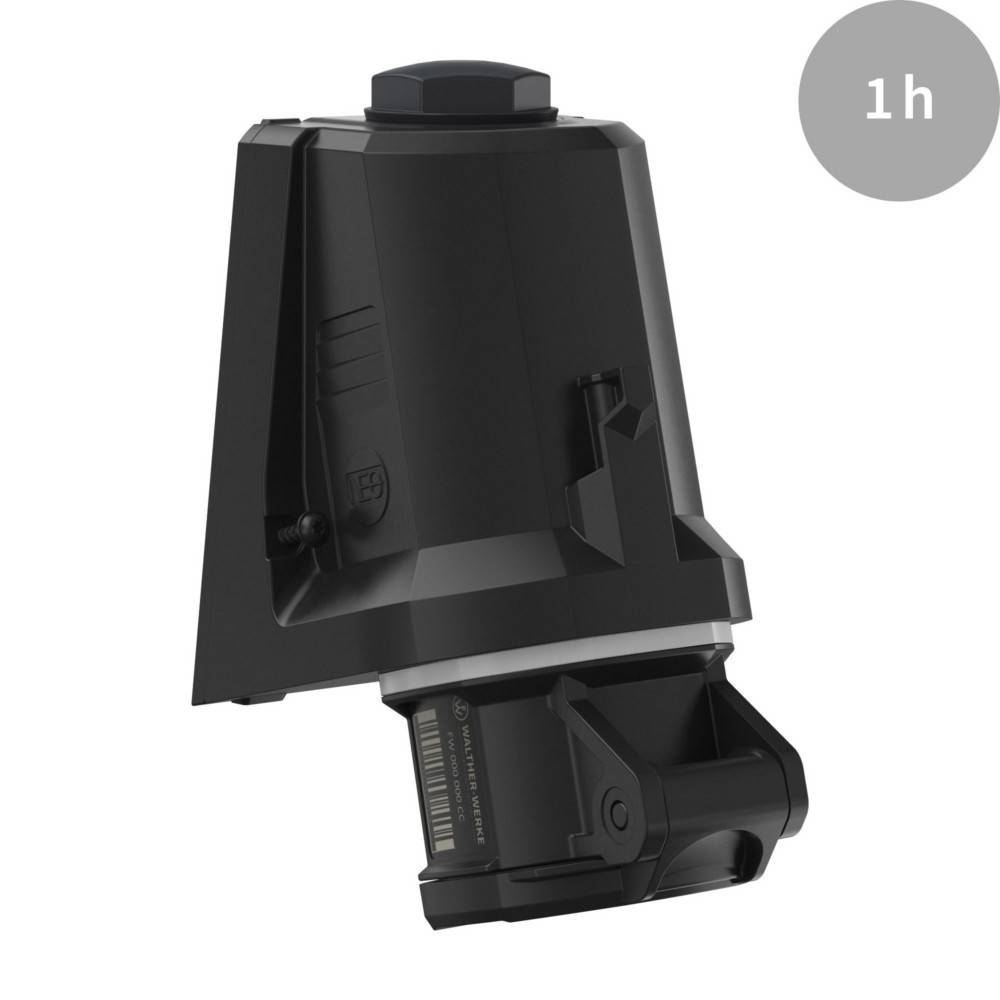 Ein schwarzes, eckiges Gerät mit einem kurzen zylindrischen Oberteil, das mit '1h' in einem grauen Kreisoverlay in der oberen rechten Ecke beschriftet ist.