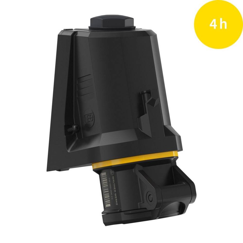 Eine schwarze und gelbe Batterieverpackung auf einem weißen Hintergrund mit einem gelben Kreis in der Ecke, der '4h' anzeigt und 4 Stunden Nutzungsdauer signalisiert.