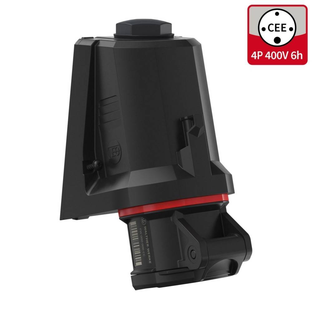 Ein schwarzer industrieller Elektrostecker mit einem roten Band, das im kleinen Diagramm oben rechts mit 'CEE 4P 400V 6h' beschriftet ist.