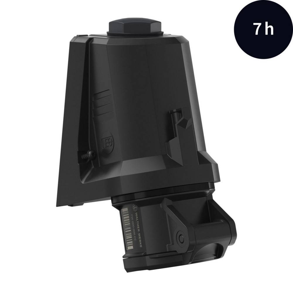 Ein schwarzes elektronisches Gerät mit eckiger Gestaltung und einer zylindrischen Basis. Ein kreisförmiges Symbol in der Ecke zeigt '7h', was möglicherweise eine Zeitangabe darstellt.