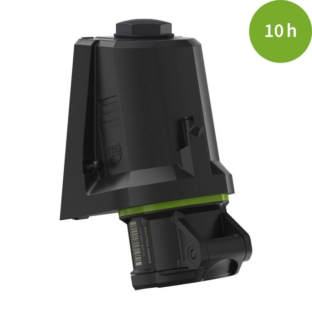 Ein schwarzes und grünes Batteriepack mit einer '10h'-Beschriftung in der Ecke, die eine Nutzungsdauer von 10 Stunden anzeigt.