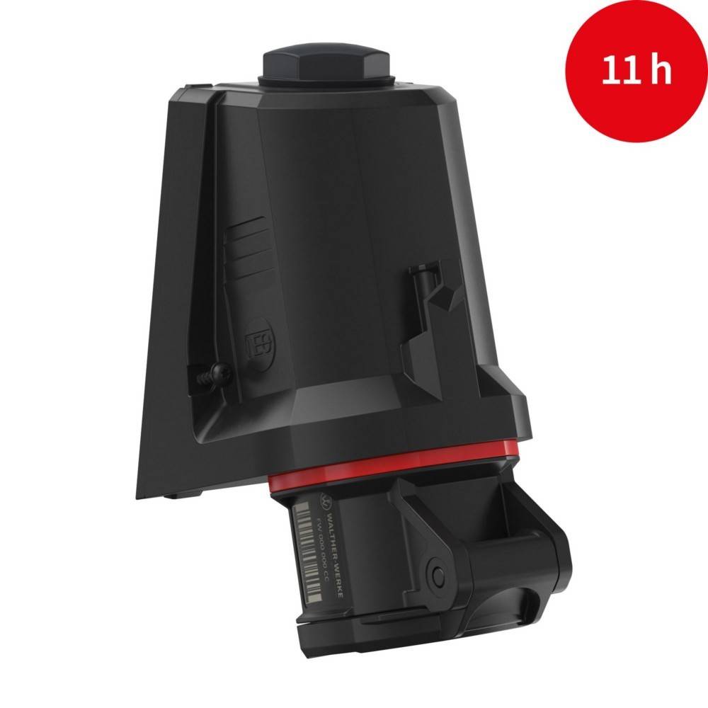 Ein schwarzer Akku mit einem roten Etikett zeigt ein rotes '11 h' Symbol, das eine Akkulaufzeit von 11 Stunden anzeigt.